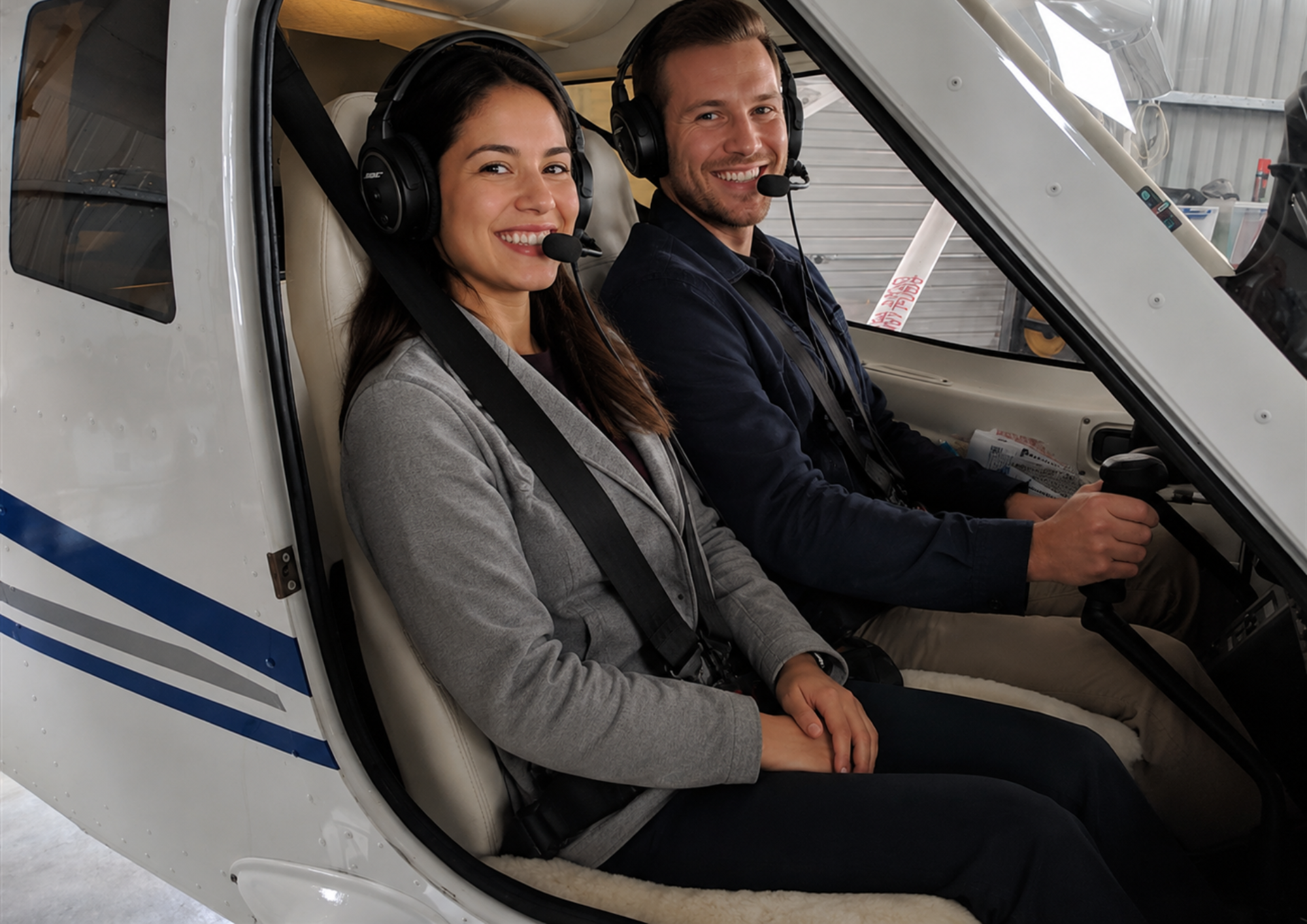 Two people sitting inside an aircraft inside a hangar