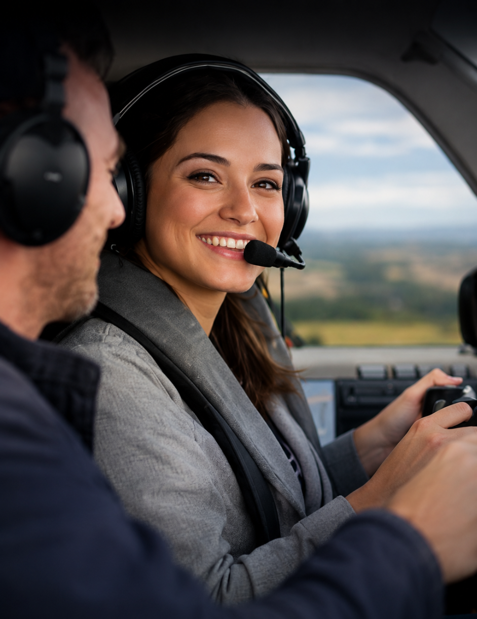 Two people in an aircraft with headsets, smiling.